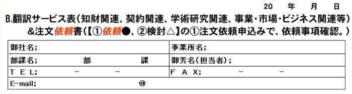 翻訳サービス表（知財関連、契約関連、学術研究関連、事業・市場・ビジネス関連等）